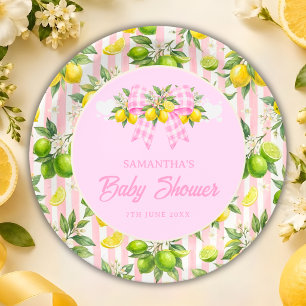 Lemon & Roze Gingham Strik Baby Shower Papieren Bordje