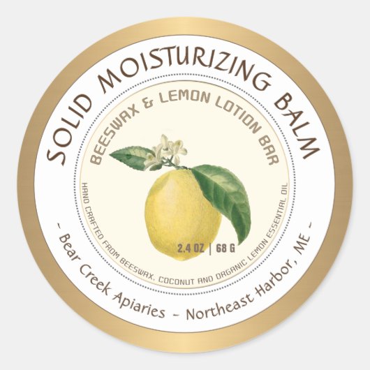 Lemon Scented Beeswax Lotion Bar Gold Border Ronde Sticker (Voorkant)