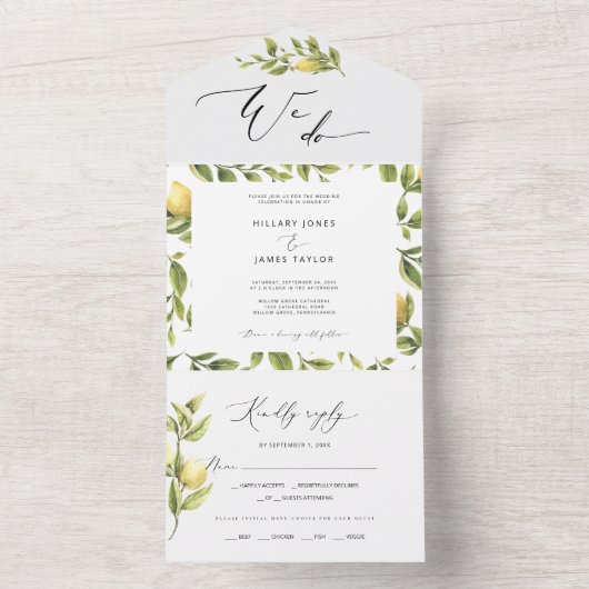 Lemon Sorrento Amalfi Kustkalligrafie Bruiloft All In One Uitnodiging (Binnen)