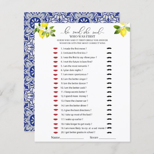 Lemon tak en blauw mozaïek Hij zei dat ze spel zei (Voorkant / Achterkant)