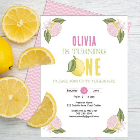 Lemon Theme First Birthday Girl Invitation Kaart
