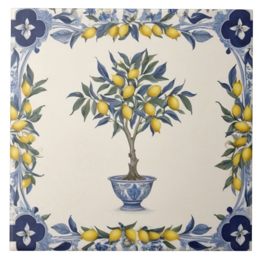 Lemon Tree in Blue and White Pot Lemons Border Tegeltje (Voorkant)