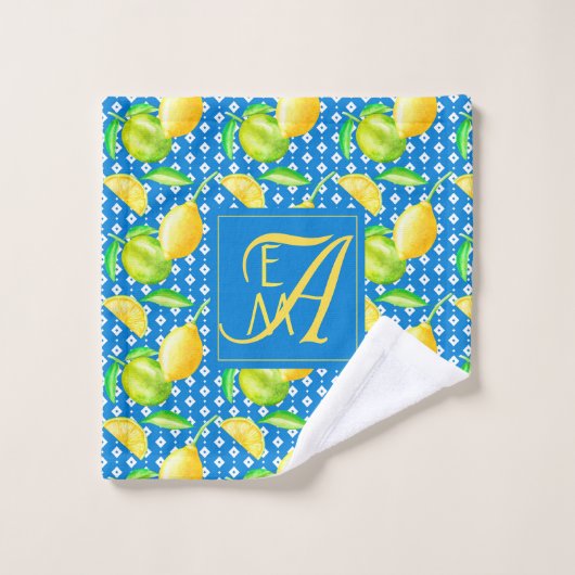 Lemon Tree Ocean Blue MONOGRAM Pas getrouwd Wedden Bad Handdoek (Wasdoekje)