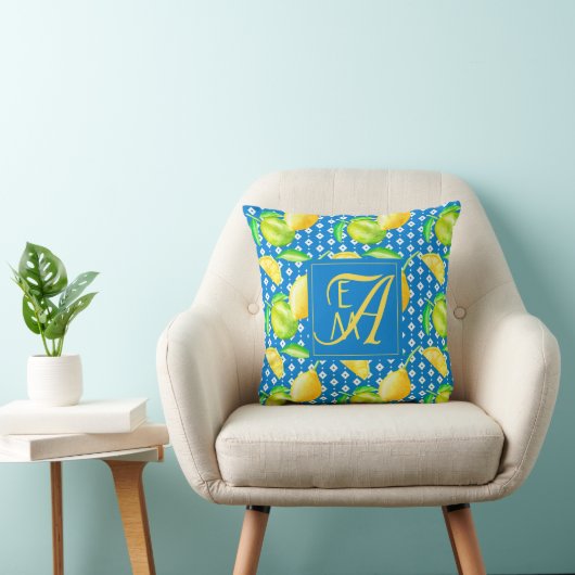Lemon Tree Ocean Blue MONOGRAM Pas getrouwd Wedden Kussen (Stoel)