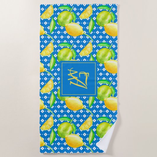 Lemon Tree Ocean Blue MONOGRAM Pas getrouwd Wedden Strandlaken (Voorkant)