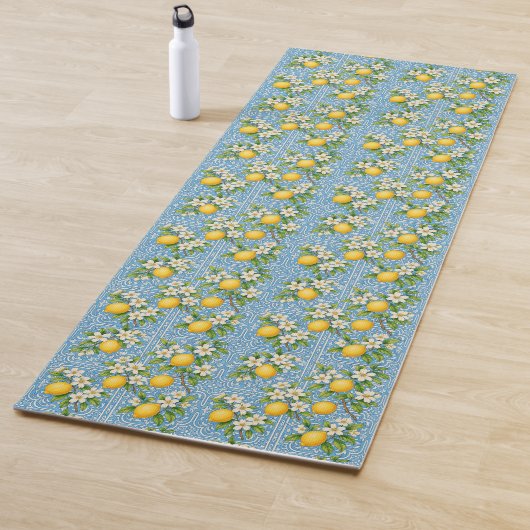 Lemon Watercolor Blue Mediterranean Tile Pattern Yogamat (In situ)