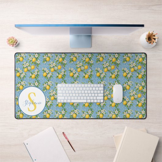 Lemon Watercolor Blue Tile Pattern Personalized Bureaumat (Kantoor 1)