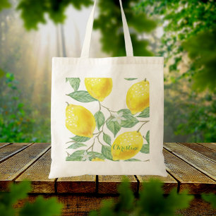 Lemon waterkleurige patroonwitte naam tote bag