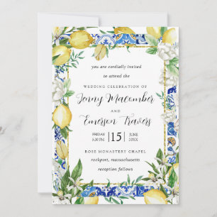 Lemon White Floral Blue Mosaic Tile Wedding Kaart