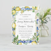 Lemon White Floral Blue Mosaic Tile Wedding Kaart (Staand voorkant)