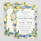 Lemon White Floral Blue Mosaic Tile Wedding Kaart (Voorkant / Achterkant)