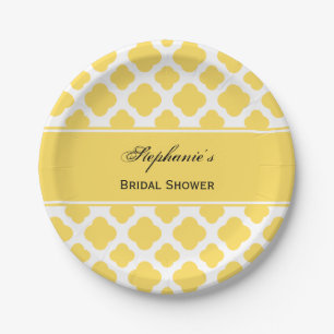 Lemon Yellow and White Quatrefoil Pattern Bridal Papieren Bordje