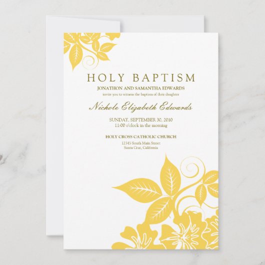 Lemon Yellow Floral Heilige Baptisme Uitnodiging (Voorkant)