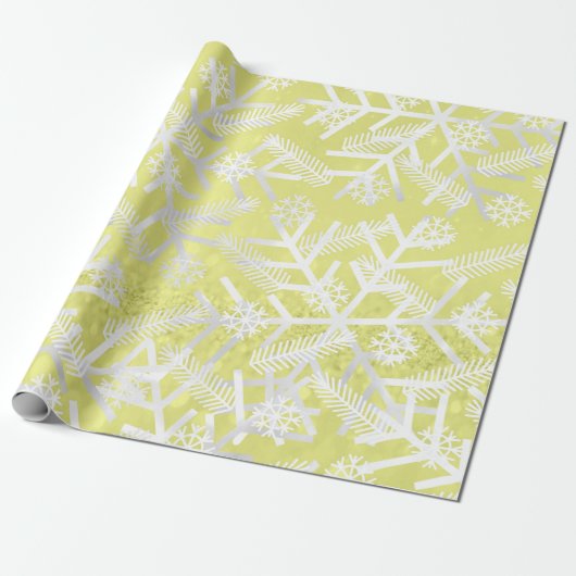 Lemon Yellow Glitter Kerstfeestdag Snowflakes Cadeaupapier (Uitgerold)