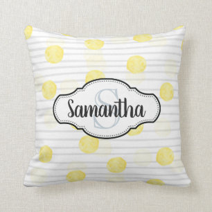 Lemon Yellow Polka Dot and Stripes Monogramed Kussen