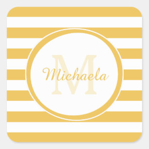 Lemon Yellow Snoep Stripes Girly Name en Monogram Vierkante Sticker