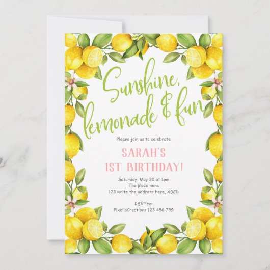 Lemonade de soleil, invitation au 1er anniversaire (Devant)