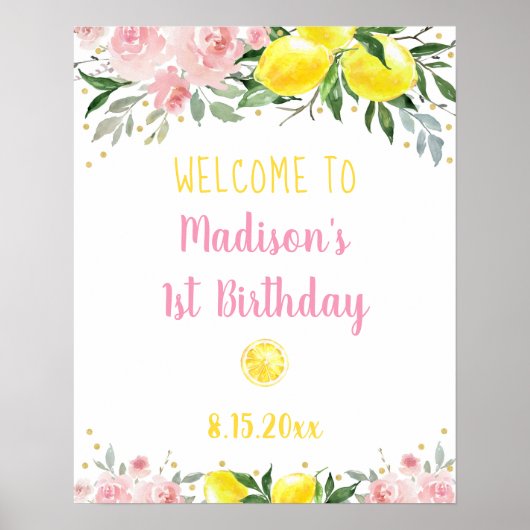 Lemonade Pink Gold Floral Birthday Welkom Poster (Voorkant)