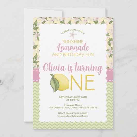 Lemonade rose 1er anniversaire Invitation (Devant)