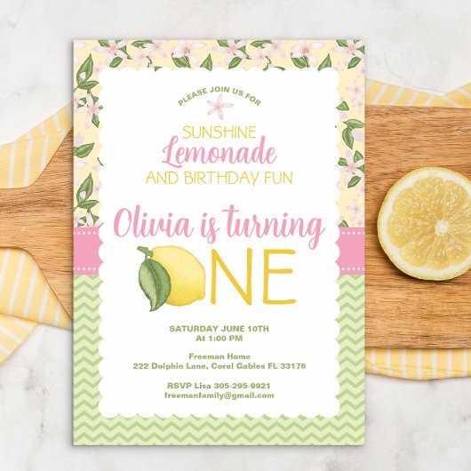 Lemonade rose 1er anniversaire Invitation