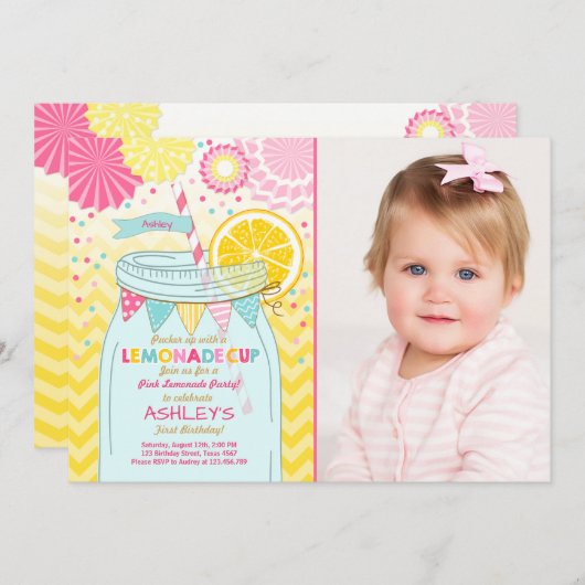 Lémonade rose Invitation Soleil Premier anniversai (Devant / Derrière)