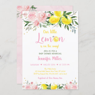 Lemonade Sunshine Pink Gold Floral Baby shower Kaart