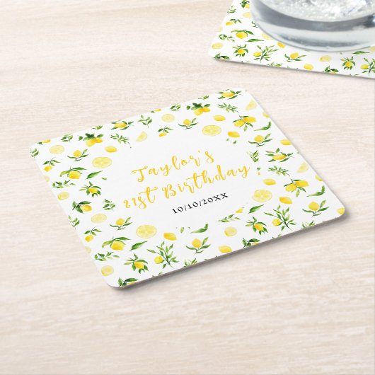Lemons and Foliage Birthday Vierkante Kartonnen Onderzetter (Schuin)