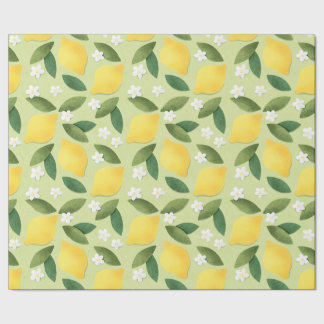 Lemons ans White Flowers on Green Background Cadeaupapier