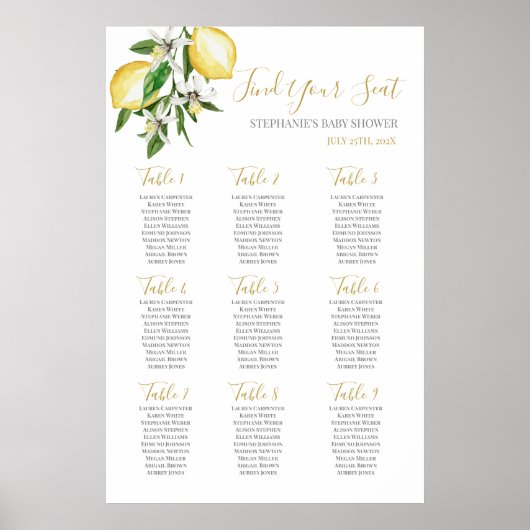 Lemons Baby shower Girl Seating Chart Poster (Voorkant)