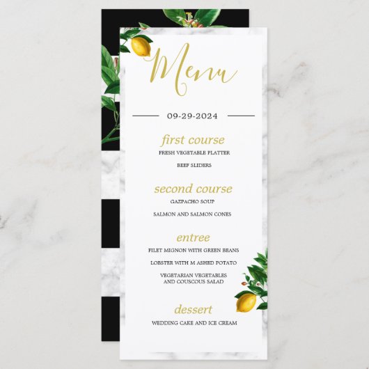 Lemons Black White Marmer Summer Monogram Menu (Voorkant / Achterkant)