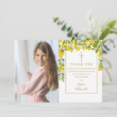 Lemons Blossom Greenery First Heilige Communfoto Bedankkaart (Staand voorkant)