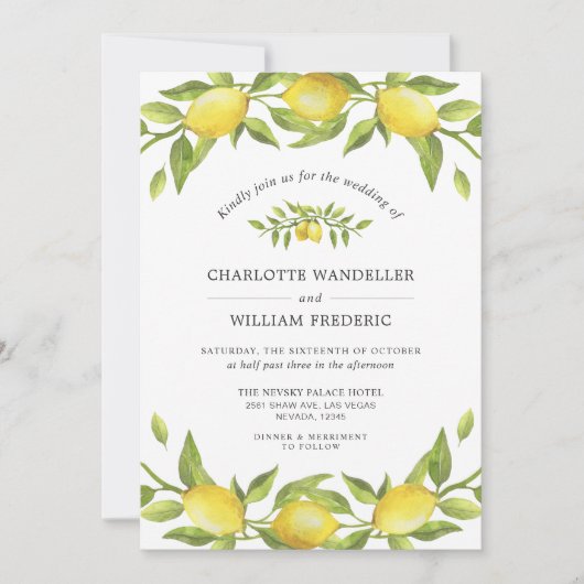 Lemons Blossom Greenery Waterverf Wedding Kaart (Voorkant)