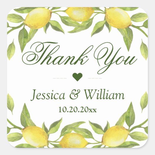 Lemons Blossom Greenery Waterverf Wedding Vierkante Sticker (Voorkant)