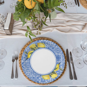 Lemons & Blue Mediterranean Tegel Wedding Shower Papieren Bordje