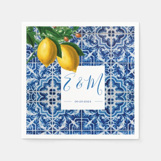 Lemons Blue White Tile Summer Monogram Servet (Voorkant)