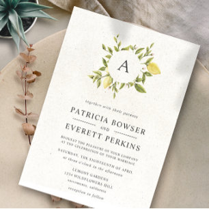 Lemons en bladeren Gray Monogram Waterverf Wedding Kaart