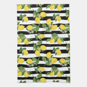 Lemons en bloesems op Stripes Theedoek
