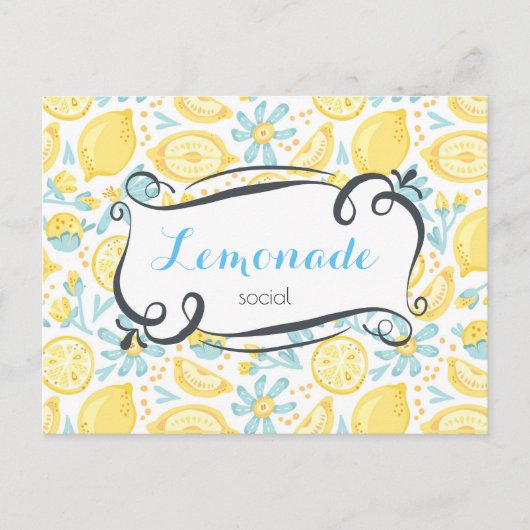 Lemons & Flowers Pattern Lemonade Social Invite Uitnodiging Briefkaart (Voorkant)