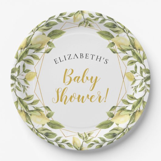 Lemons Greenery Baby shower Papieren Bordje (Voorkant)