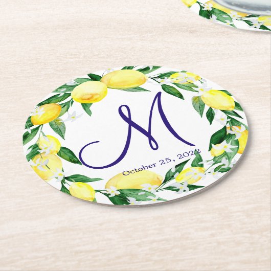 Lemons Greenery Blossom Monogram Ronde Kartonnen Onderzetter (Gebogen)