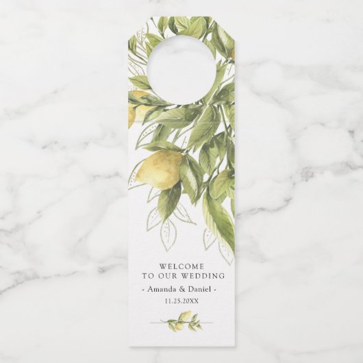 Lemons Greenery Rustic Wedding Bottle Hanger Label (Voorkant)