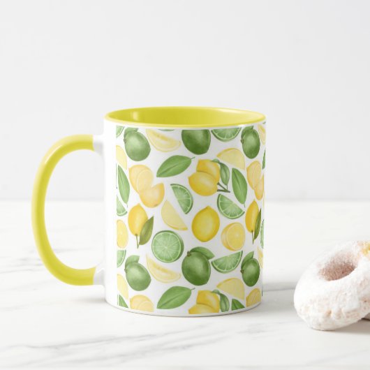 Lemons Limes Leaves Pattern Green Coffee Mok (Met donut)