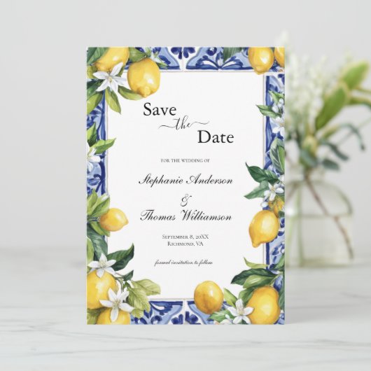 Lemons Mediterranean QR code Wedding Save the Date (Debout devant)
