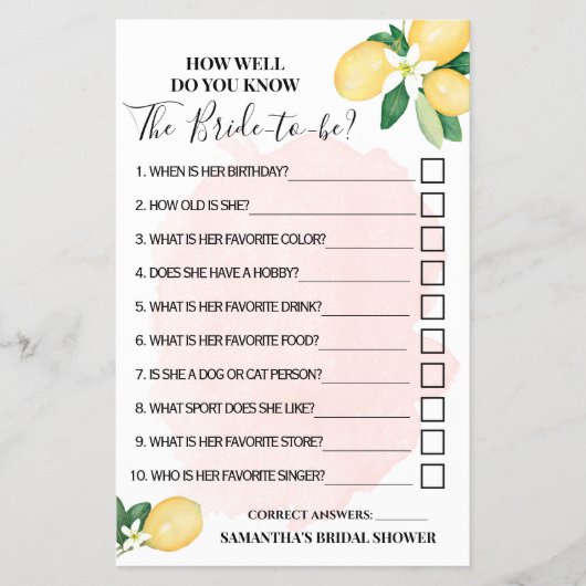 Lemons Roze Hoe goed ken je het spel van de Bride  Flyer (Voorkant)
