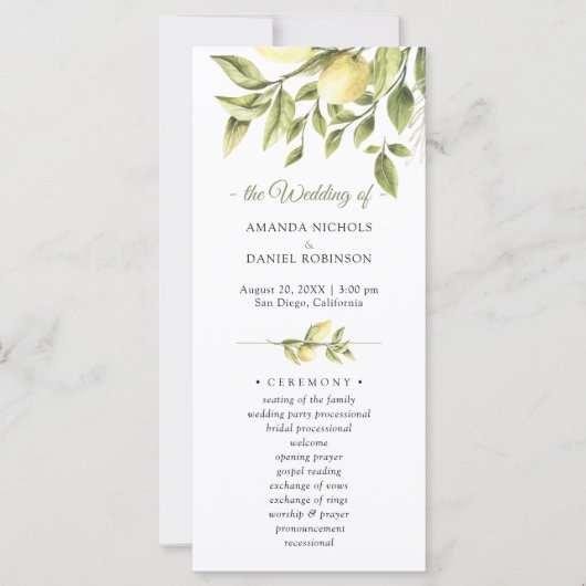 Lemons Rustic Greenery Wedding Ceremony Program (Voorkant)