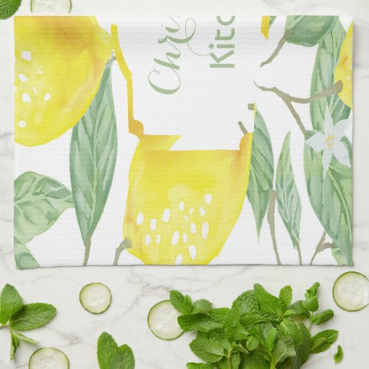 Lemons white green name script theedoek (Gevouwen)