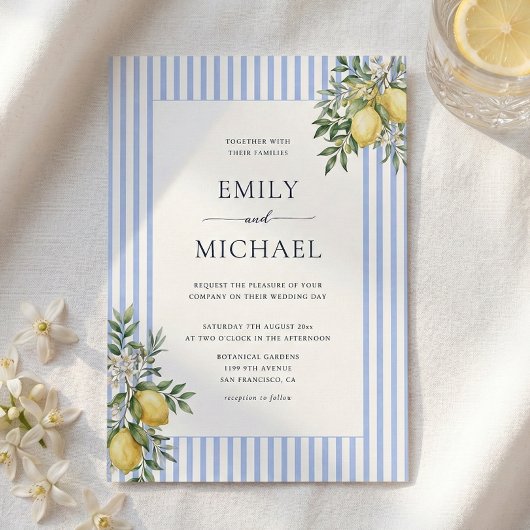Lemons With Blue Stripes Citrus Wedding Invitation