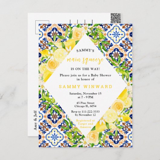 Lemons with Foliage Mediterranean Baby Shower Briefkaart (Voorkant / Achterkant)