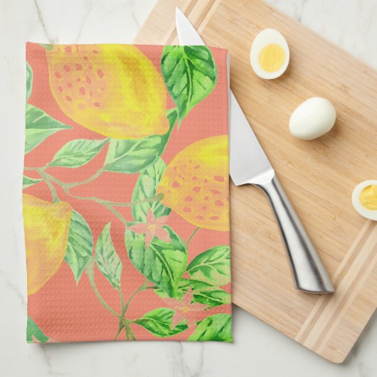 Lemonvruchtpatroon geel en perzikroze theedoek (Quarter Fold)