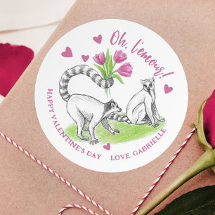 Lemur met Tulips Romantic Love Funny French Pun Ronde Sticker